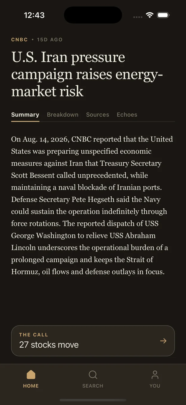 Oozh app summarising a CNBC story on U.S. pressure on Iran